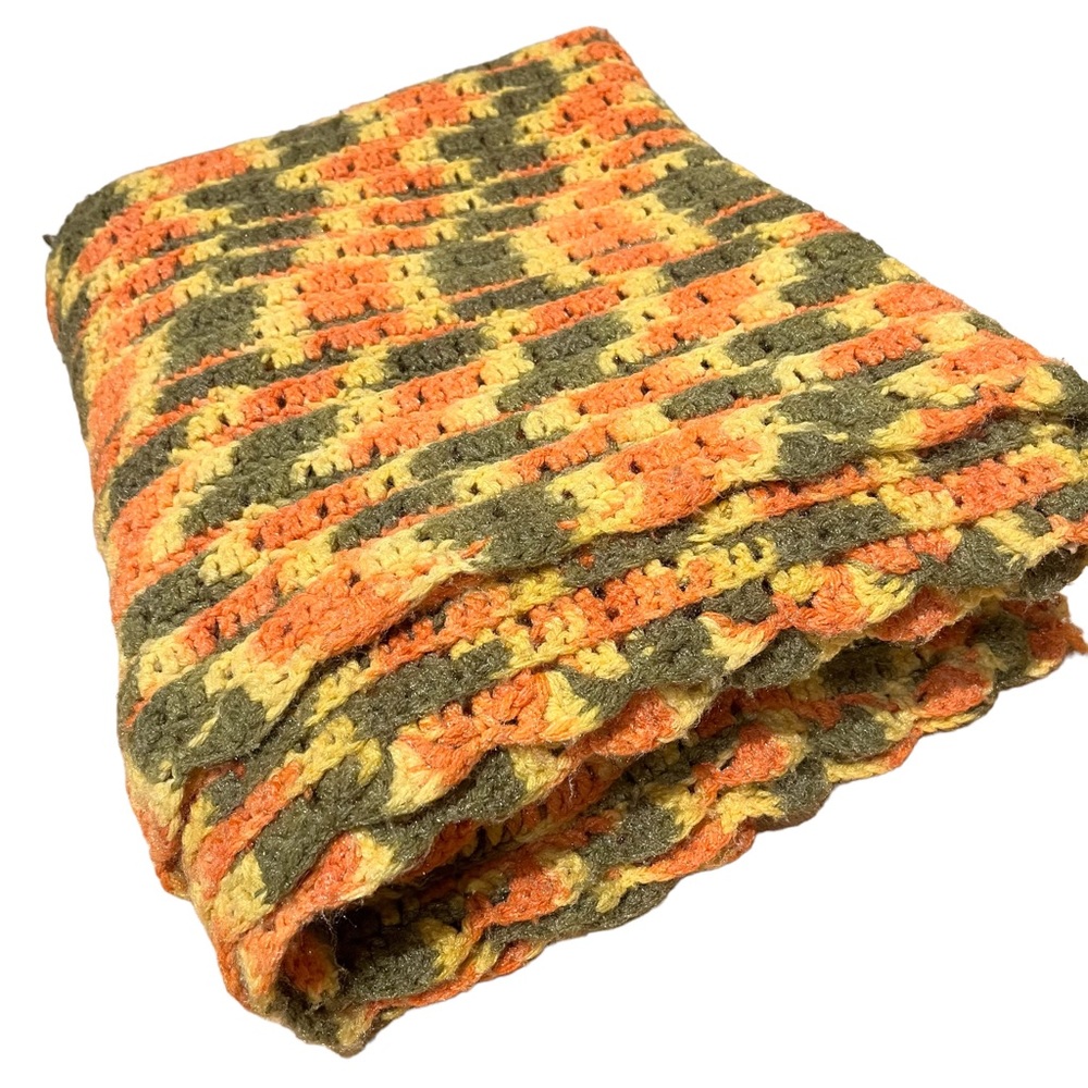 Vintage ca 70s Handmade Orange, Green, and Yellow Crocheted Afghan Blanket